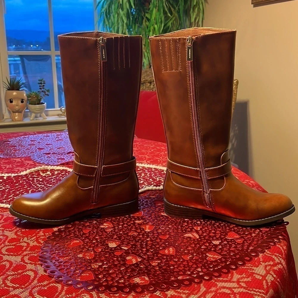 Brand New Michael Kors Girls Emma Heather Zippered Tall Riding Boots in Cognac